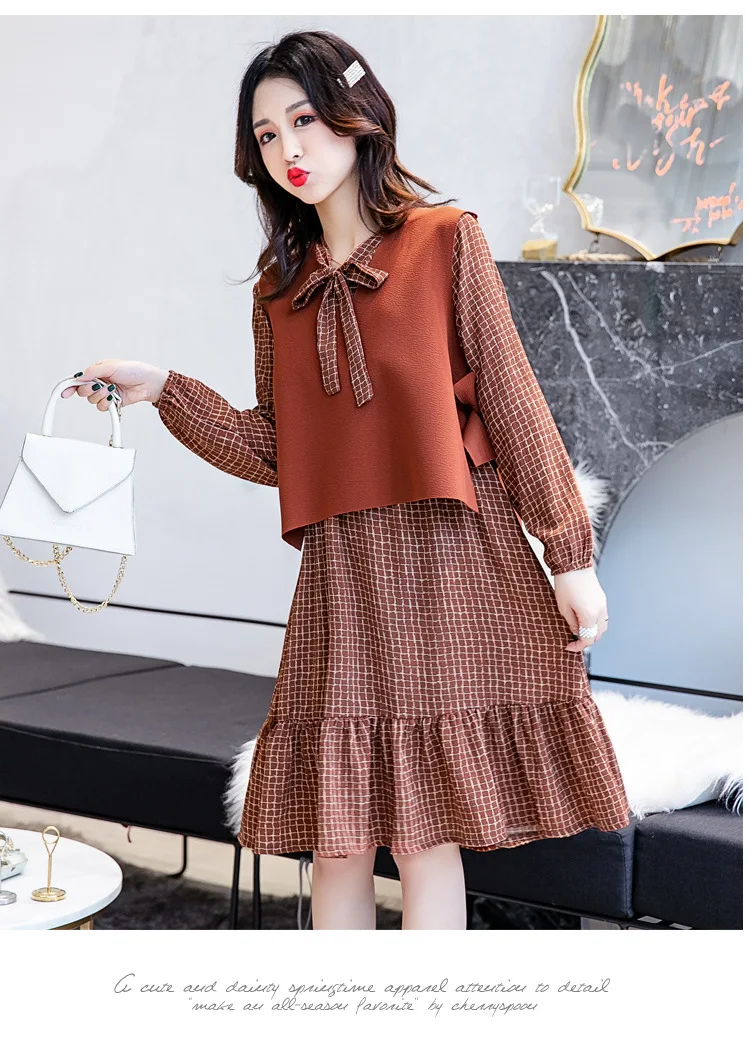 Fashion Womens Breastfeeding Dresses Autumn Winter Maternity Pregnant Nursing Dress 2 Pcs Long Sleeve Ruffles Pregnancy Clothes (19)