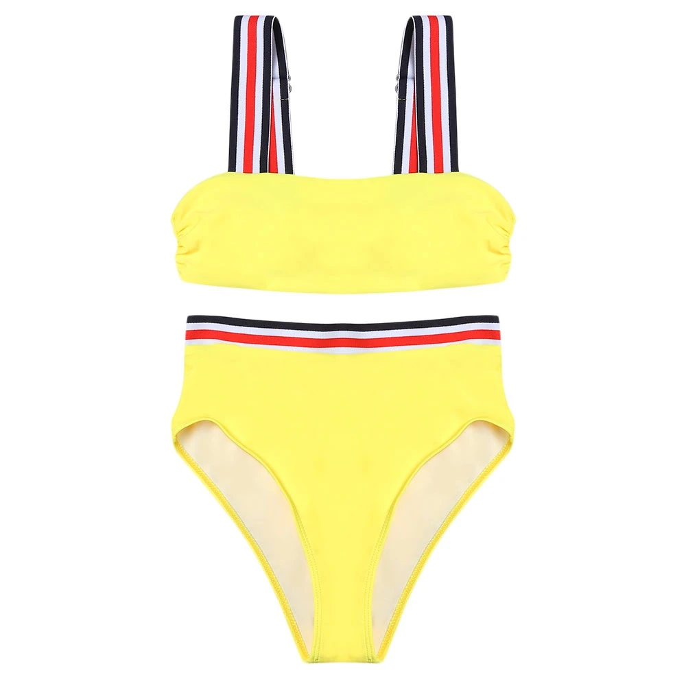 

Sexy Shoulder Strap Stripe Padded High Waist Women Bikini Set