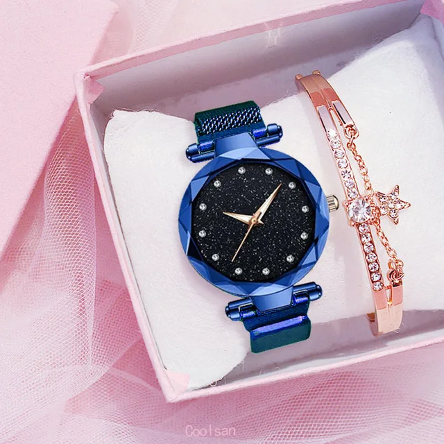 blue bracelet Роскошные женские часы модные элегантные магнитные пряжки Vibrato Фиолетовые женские наручные часы Звездное небо римские Кварцевые часы подарок - Цвет: blue bracelet