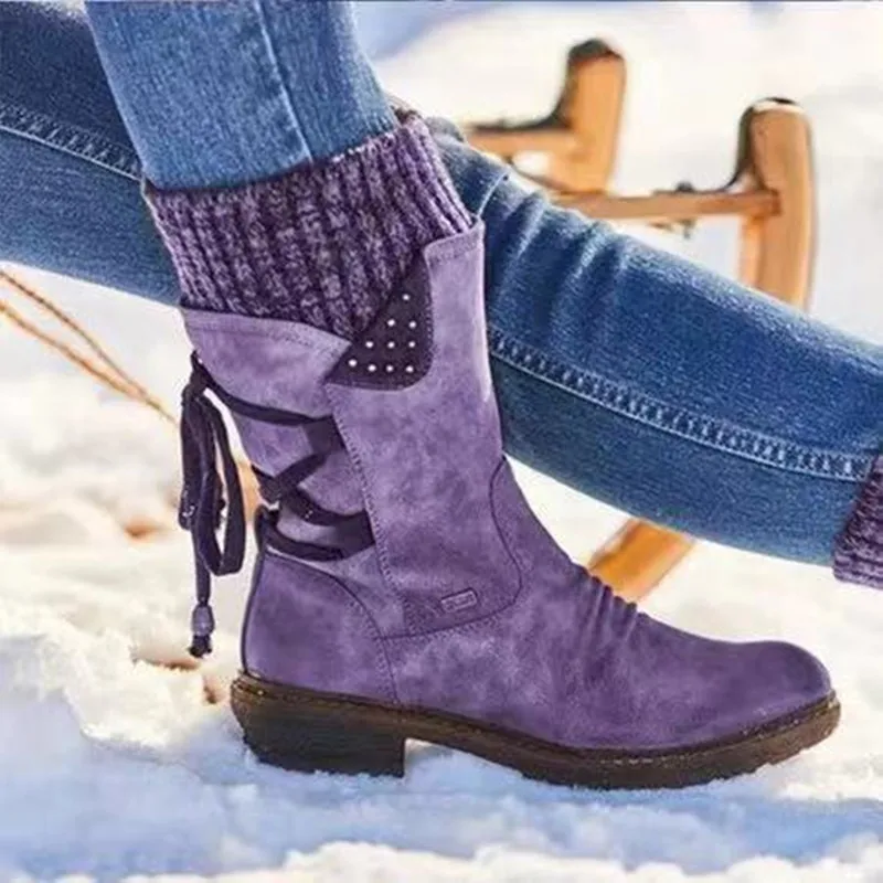 Warm Suede Boots 2021 Autumn Winter Vintage Flat Lace Up Ladies Shoes Snow Boots Knitting Patchwork Female Mid Calf Boots