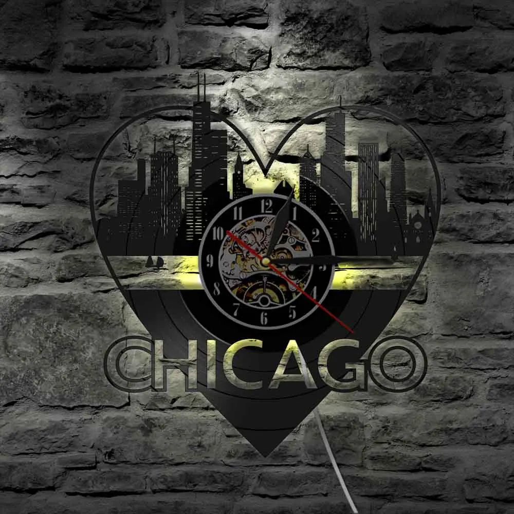 Chicago City Skyline Navy Pier Успокаивающая лампа ветреный город Иллинойс настенное искусство США тихий не тикающий винил LP запись настенные часы