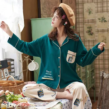

Pajamas Women's Autumn Cotton Long-Sleeved Ageing Fairy Wind Spring and Winter Cute Sweet Leisure Tops Lady's Two Piece Suit