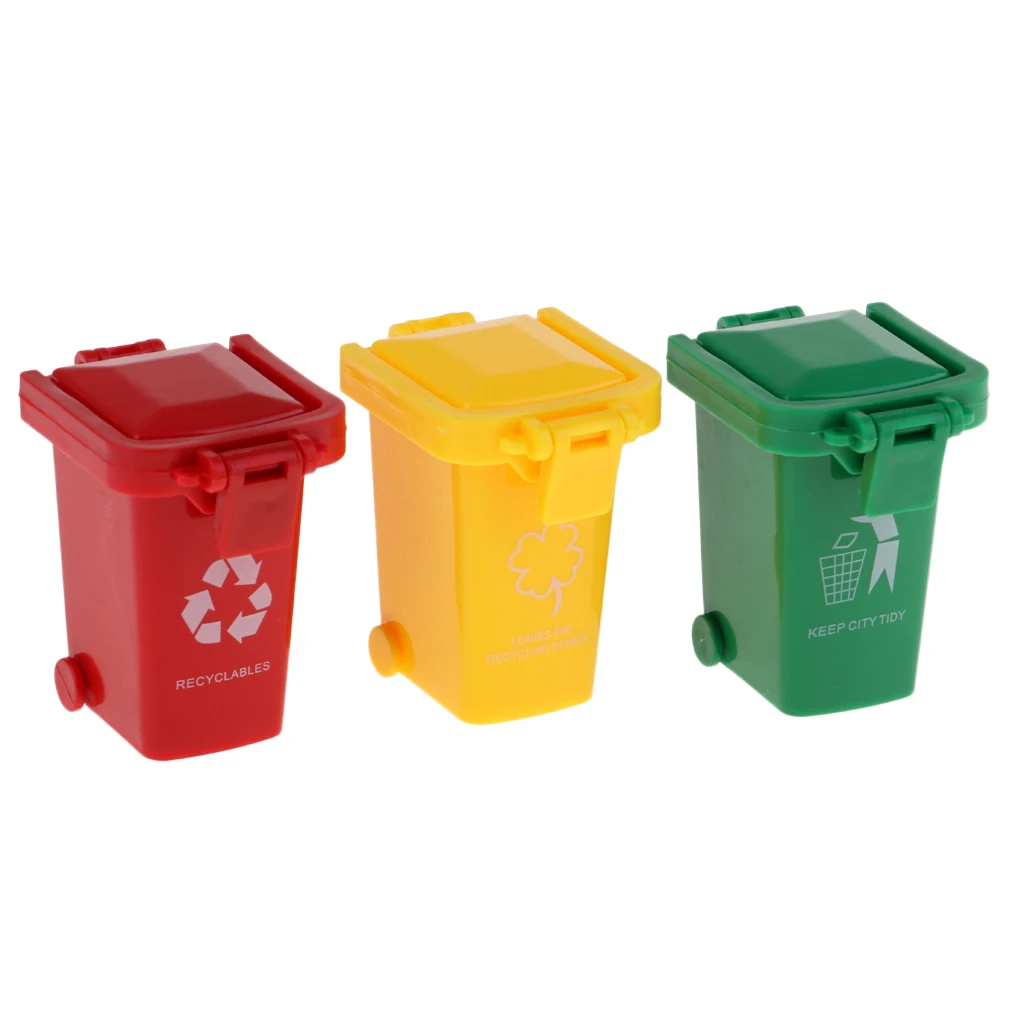 3 Pieces Mini Curbside Trash and Recycle Can Set Pencil Cup Holder Multicolored