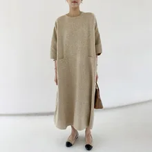 

2021 Korean Fashion Autumn Winter Womens Dress Solid Color Loose Casual Simplicity Round Neck Long Sleeve Loose Knit Dress