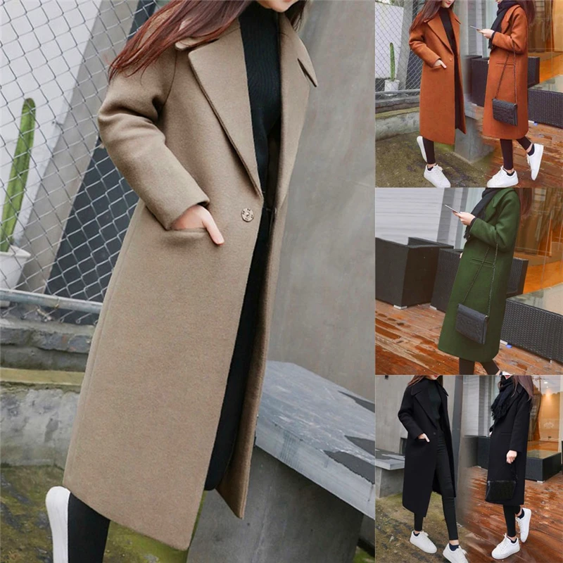 

Women Work Solid Vintage Winter Office Long Sleeve Button Woolen Jacket Coat пальто женское winter coat women