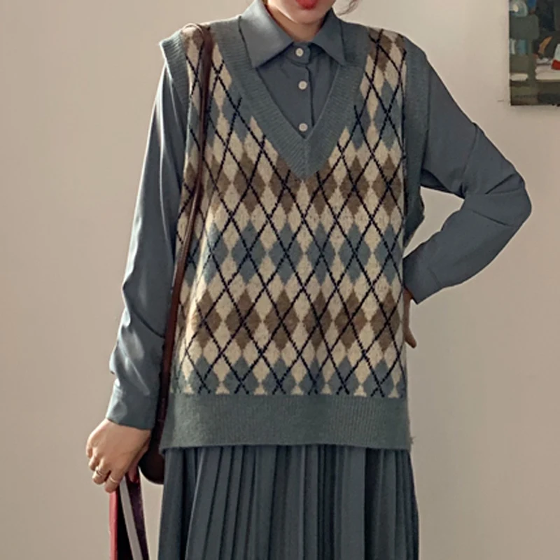 Mozuleva Korean Women Plaid Knitted Sweaters Vest Chic Female V-neck Loose Pullovers Ladies Warm Tops Jumpers Autumn