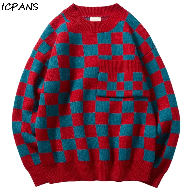 

ICPANS Sweater Men Autumn Fashion Hip Hop Plaid knitted Sweaters Men Clothes Casual Loose Vintage Pullover Men