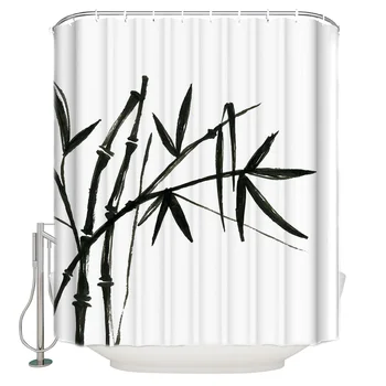 

Black and White Water Bamboo Shower Curtain with Hooks Bamboo Trees with Ink in Traditional
