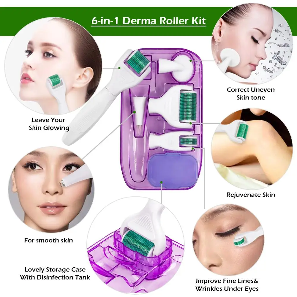 6 in 1 Microneedle Derma Roller Kit for Face and Body 300/720/1200 Titanium Dermaroller Micro Needle Facial Roller Skin Care