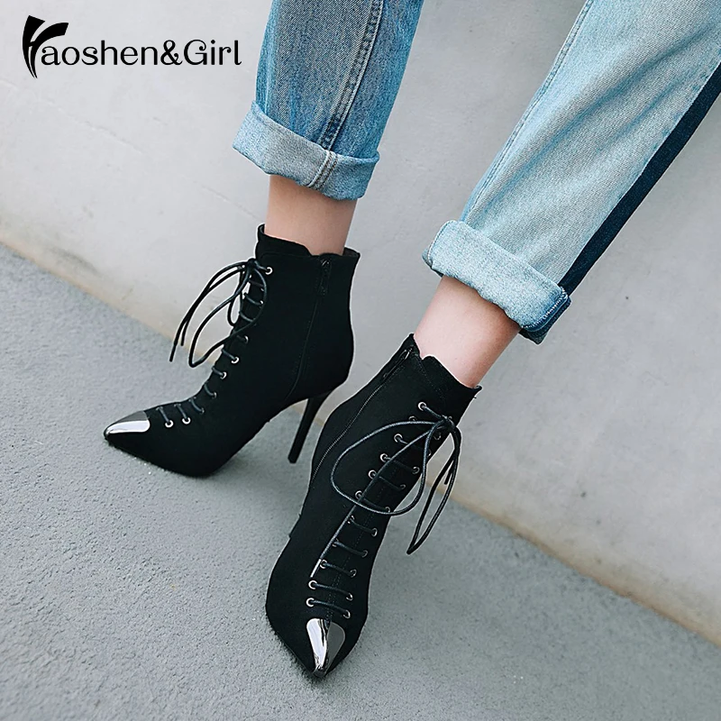 

Haoshen&Girl Autumn Winter Women Thin High Heel 10cm Ankle Boots Pointed Toe Flock Leather Retro Cross-tied Shoes Size 40
