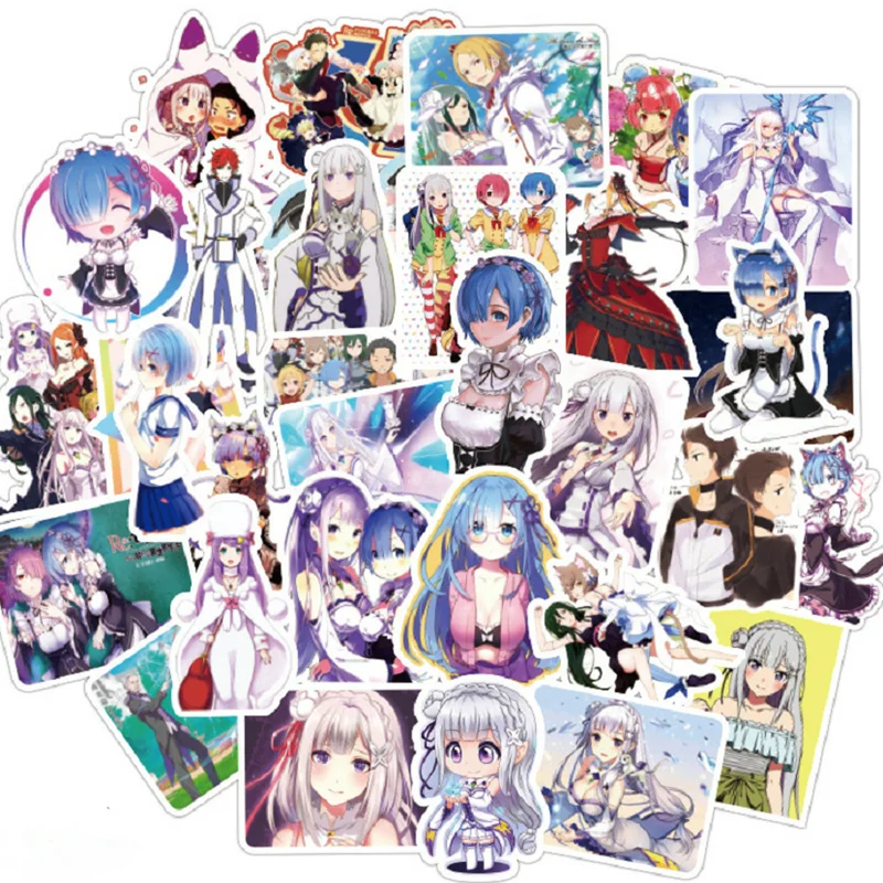 

50pcs Anime Re:Life In a Different World From Zero Stickers Emilia Ram Rem Decals Skateboard Sticker For Laptop Suitcase DIY Toy