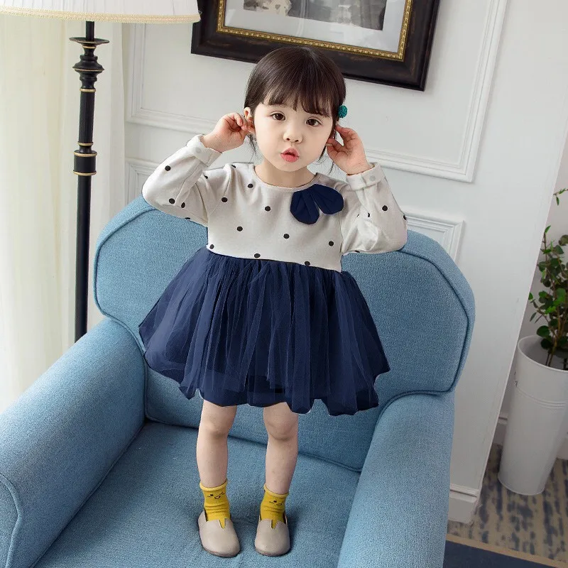 

9M-4Y Spring Baby Girls Dress Kids Dot Print Mesh Toddler Dresses Long Sleeve Casual Cotton Sundress Outfits
