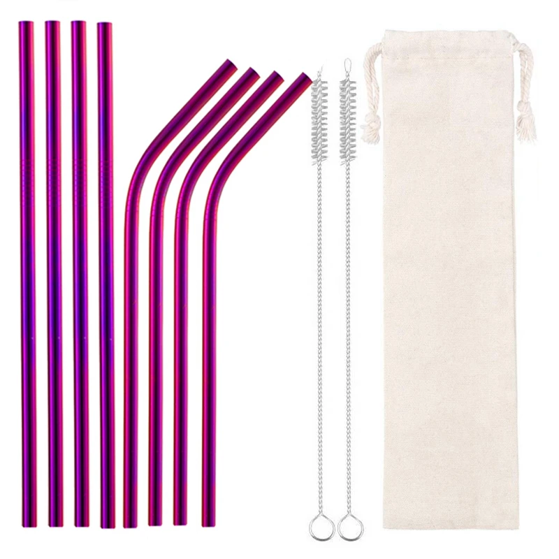 8PCS Purple 1 304 нержавеющая сталь Соломинки многократного использования прямая изогнутая металлическая трубочка для напитков с чистящей щеткой набор вечерние принадлежности для напитков - Цвет: 8PCS Purple 1