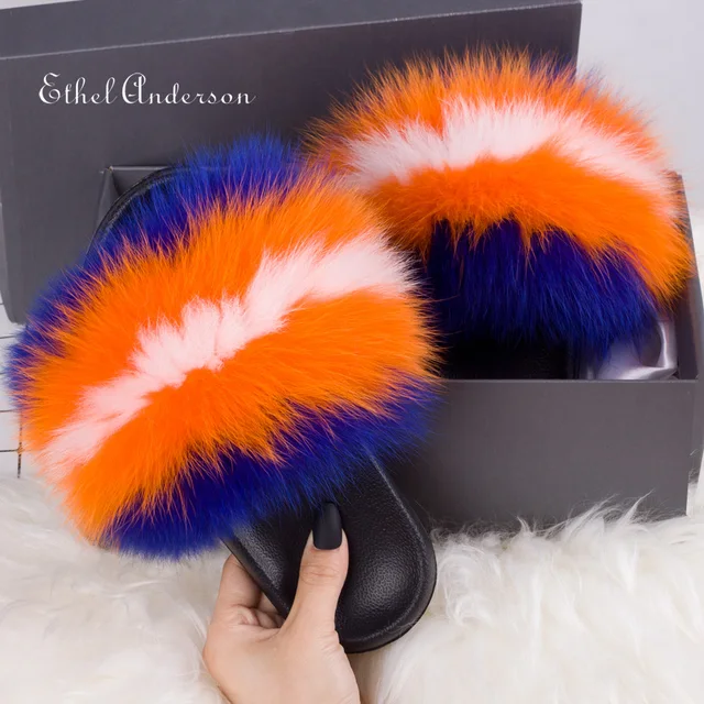 2021 Hot Sale Women Real Fox Fur Slippers Multi-color Summer Fashion Slides Casual Female Furry Shoes As picture
