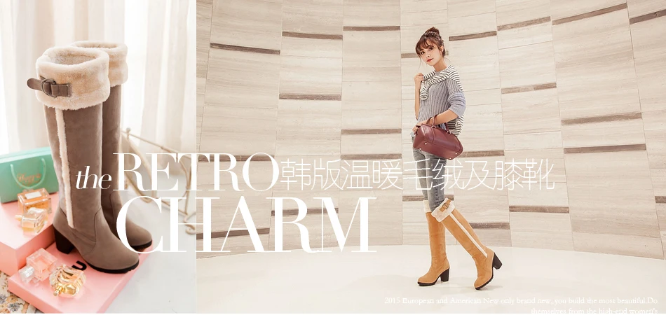 Big size 34-43 high quality winter fashion women solid flock buckle high heels snow boots 3 colors