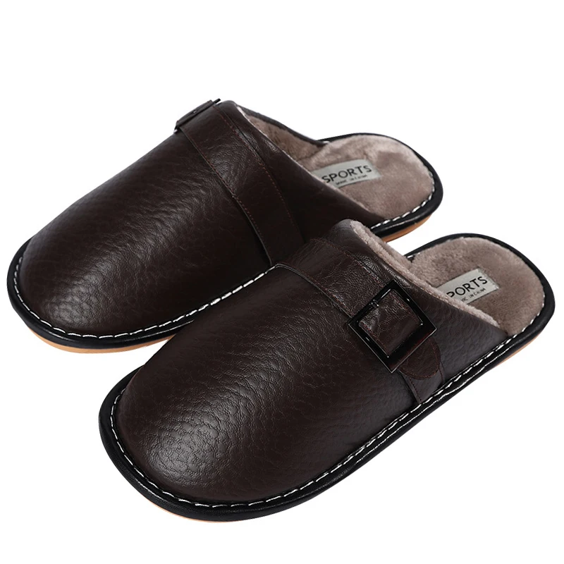 coffee Slippers Men Leather Cotton Slippers Men Autumn Home Couple Indoor Waterproof Non-slip Women Cotton Slippers Women - Цвет: coffee