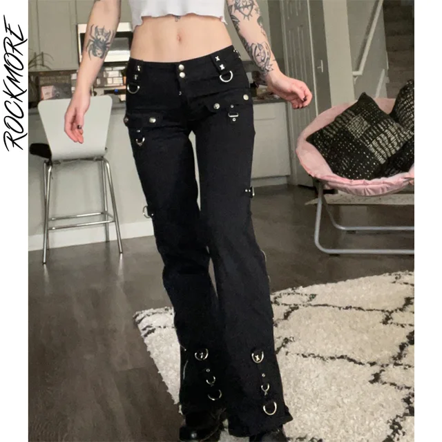Rockmore Gothic Skinny Low Waist Jeans Woman Punk Cargo Pants Rivet Dark  Academic Black Denim Trousers Capri Fashion Streetwear