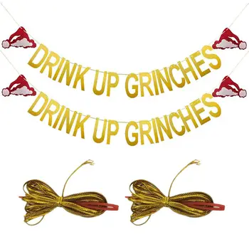 

2 Pcs Gold Glittery Drink Up Grinches Christmas Hat Banner- Drinch Christmas Party Decorations Grinch Decorations Christmas
