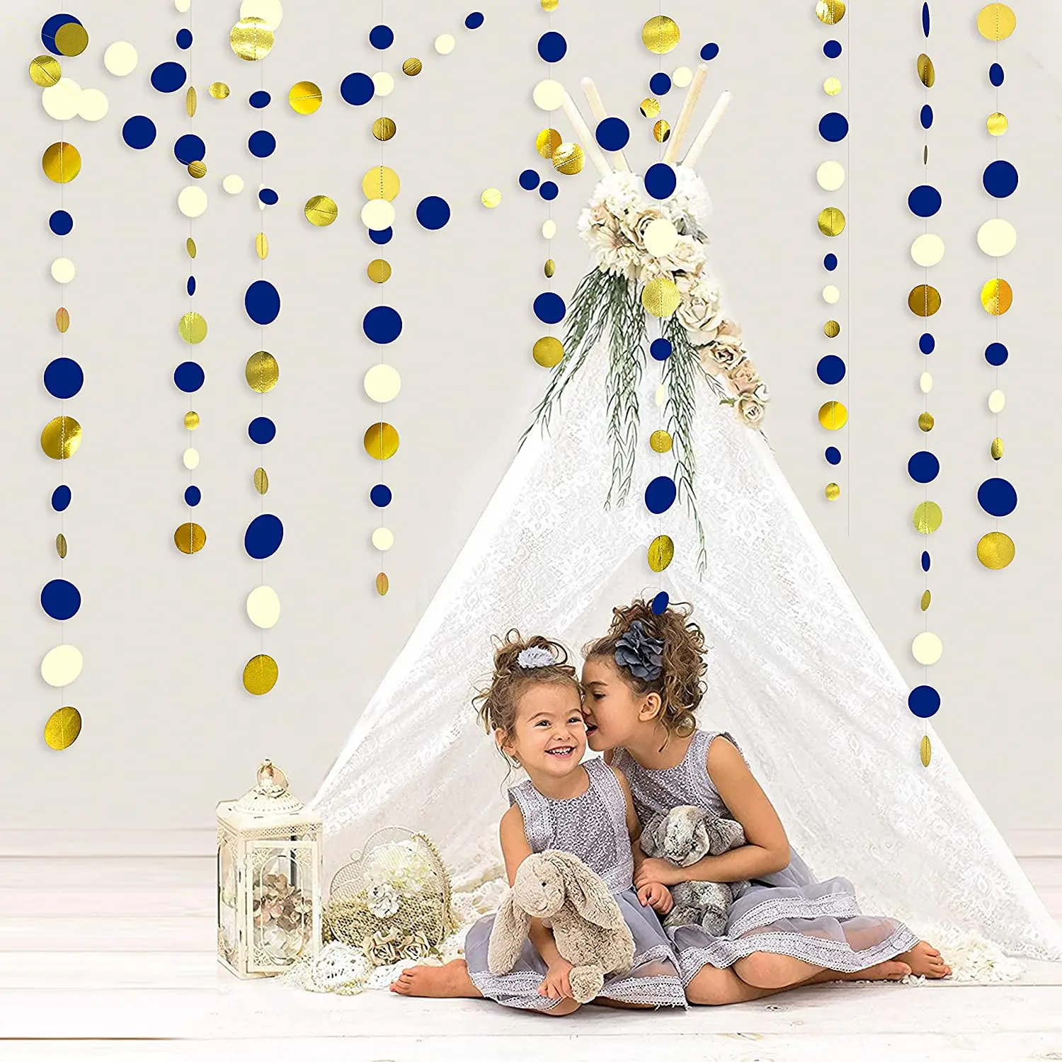 11 Ft Navy Blue Gold Beige Paper Circle Dots Garland Hanging Paper Polka Dot Streamer Royal Blue Birthday Baby Shower Decoration