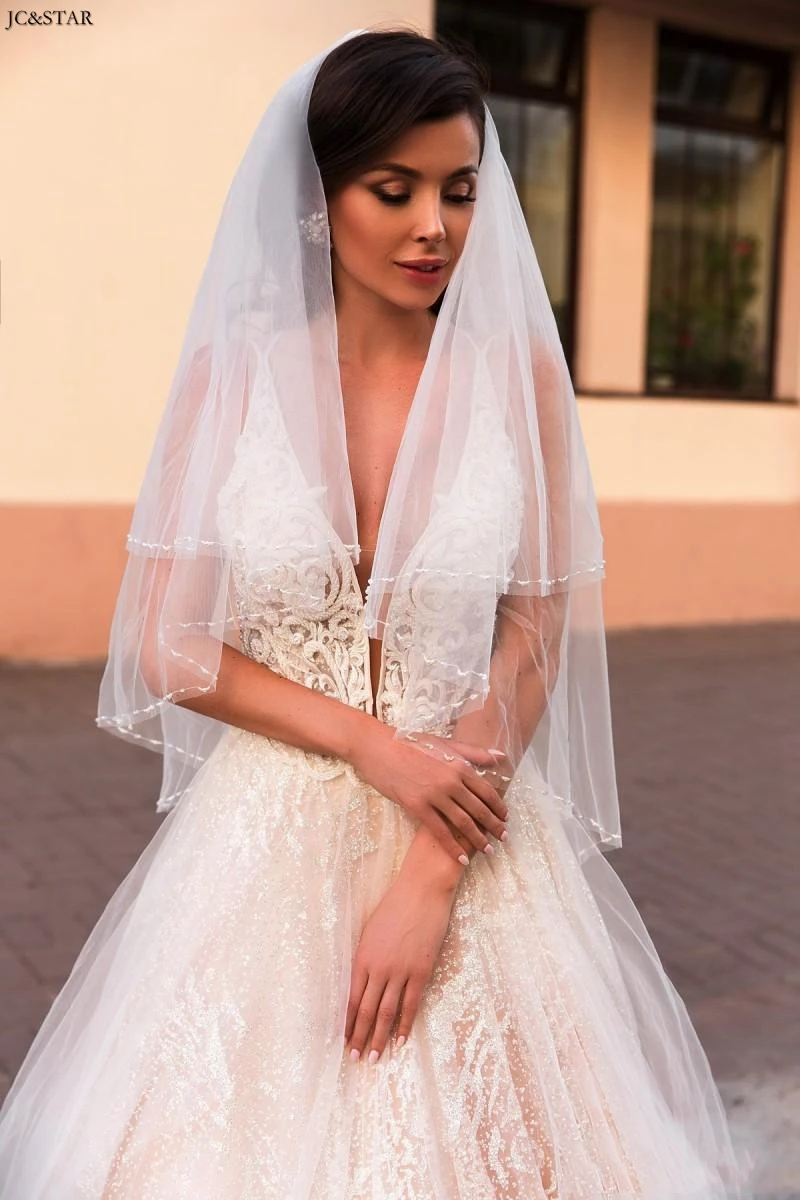 Robe de mariee, глубокий v-образный вырез, без рукавов, с кружевной аппликацией, свадебные платья, сексуальное, с открытой спиной, со шлейфом, ТРАПЕЦИЕВИДНОЕ, Пляжное свадебное платье