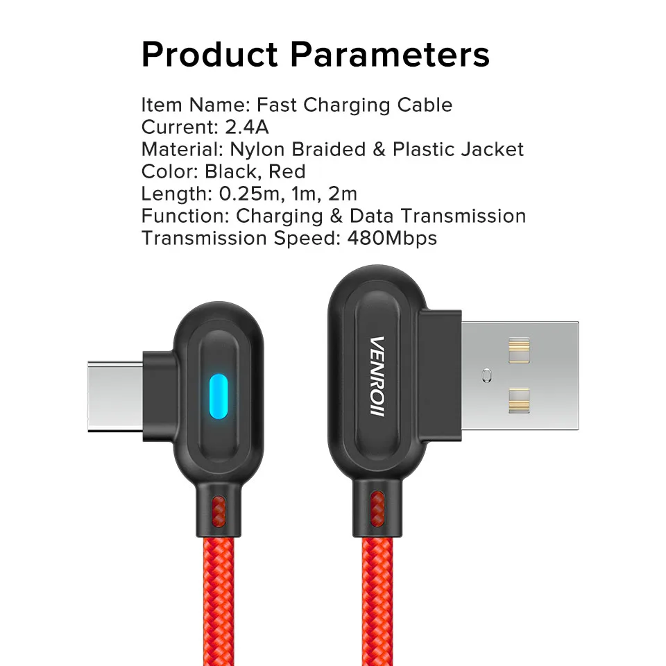 1m 2m Тип usb C кабель мобильного телефона 90 градусов добыча шнур для samsung S10 S9 2.4A провод для быстрого заряда для Xiaomi 9 Redmi Note 7 K20