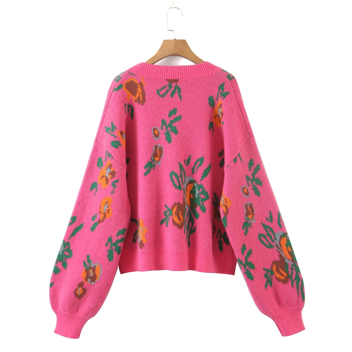 2021 Vintage Women Matching Sets Floral Cardigan Hot pink High Waist Loose Mini Shorts V neck Center Buttons Sweater 2pcs 1 Set womens underwear sets