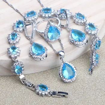 

Blue Zircon 925 Sterling Silver Jewelry Sets Earrings For Women Rings Wedding Jewerly Stones Bracelets Necklace Pendant Set