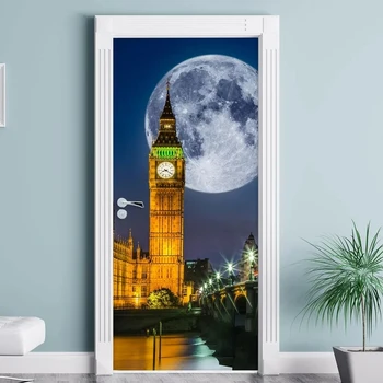 

Self Adhesive Renew 3d Door London Big Ben Night Sticker Print Art Scenery Home Decor PVC Poster Waterproof Wallpaper Picture