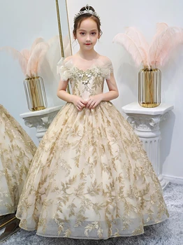 

Real Picture Luxury Champagne Girls Dresses for Party Off the Shoulder Lace Ball Gown Kids Children Fashion Clothes Any Size