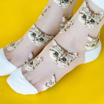 

Women Summer Ultra Thin Cute Ankle Socks Transparent Glass Fiber Splice Cartoon Meow Cat Print See Through Tube Hosiery