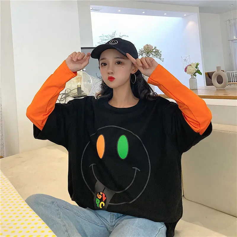

NiceMix new Spring 2020 T Shirts Women Smile Face Print O Neck Long Sleeve Tees Loose Fashion Fake Two Piece Cotton Female Tops