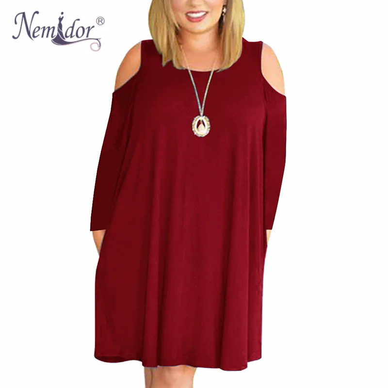Nemidor Women's Cold Shoulder Plus Size Casual T-Shirt Swing Dress with Pockets (1)