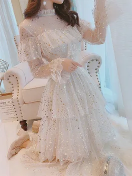 

Brand New 2020 Stars Sequins Mesh Dress Ruffles Stand Collar Layered Cake Dress Sweet Fairy Mesh Dress Midi Dress Vestidos 396F
