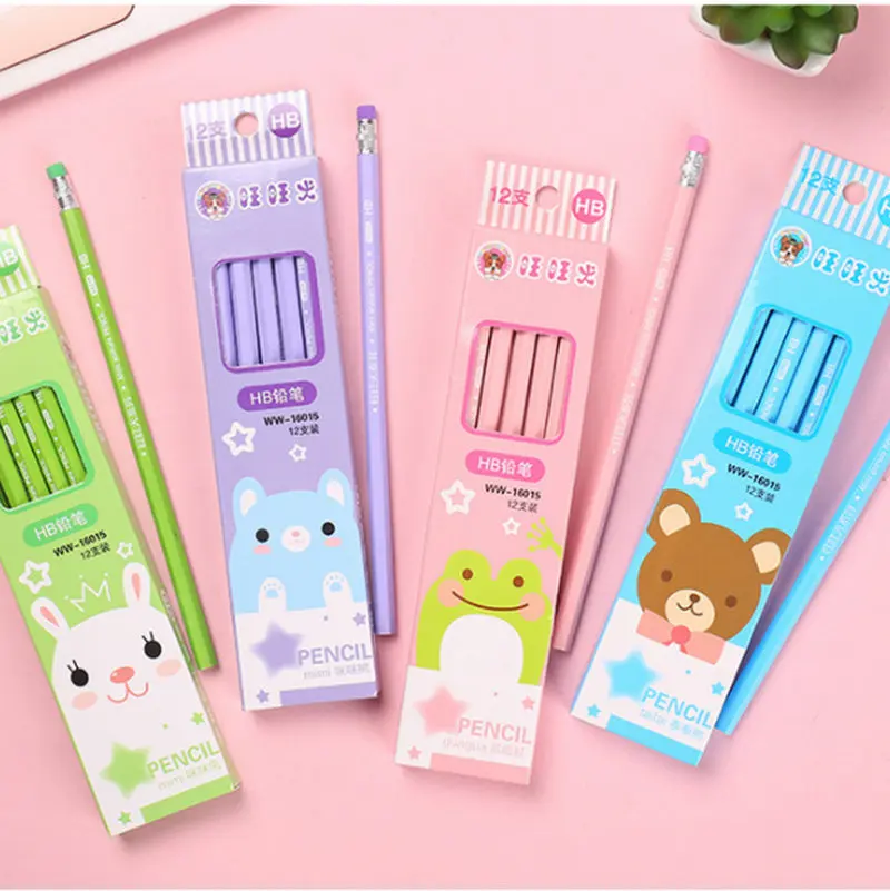 

12pcs/set Wooden Lead Pencils with eraser HB Cartoon style student's writing pencil stationery Hexagonal pole Standard Pencil