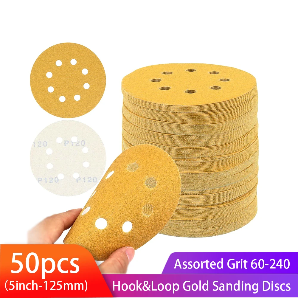 5inch Gold Sanding Disc 50PCS 8 Hole Hook and Loop Sandpaper 60-240 Assorted Grits for DA Sander Dry Sand Paper Dustless