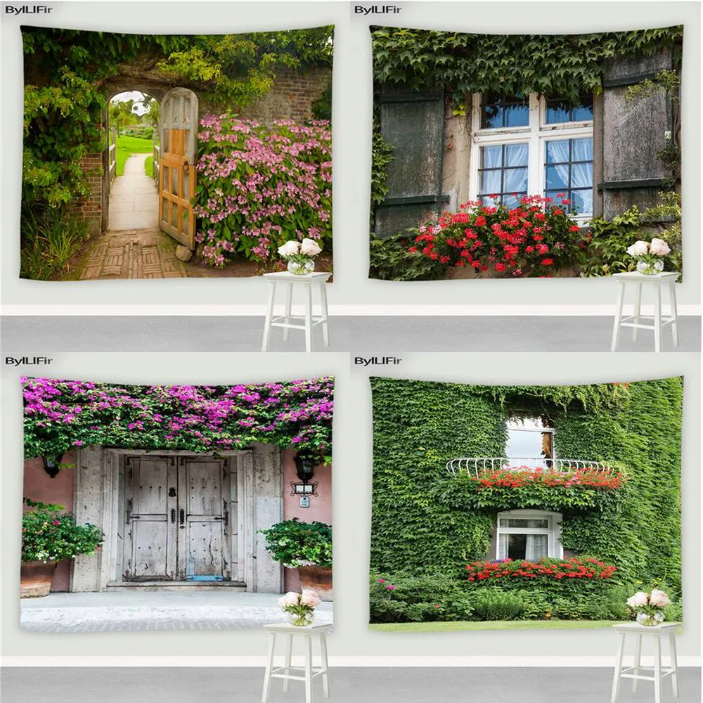 

Flower Pastoral Landscape Tapestry Retro Wooden Door Window Green Plants Home Decor Background Wall Mount Bedroom Tapestries