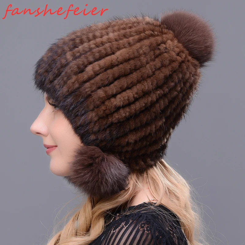 Fanshefeier Горячая натуральный мех норки плотно сплетенная шапка для женщин зима с тремя помпонами из лисьего меха loveless высокое качество