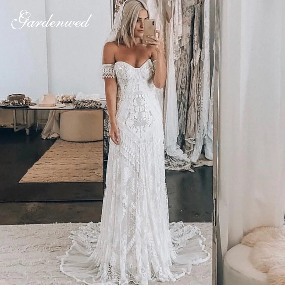 

Boho Lace Long Wedding Dresses Sweetheart Off the Shoulder A Line Bridal Gowns 2020 New Arrival