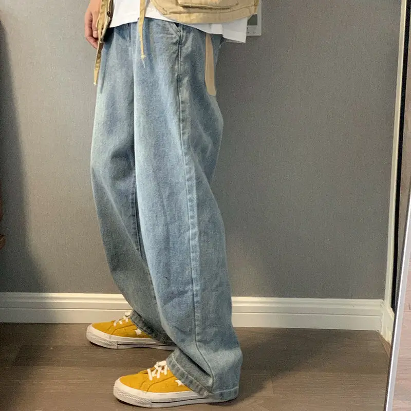 Retro Hip Hop Loose Jeans Men's Idle Style Straight Wide Leg Daddy Pants High Street Mop Trousers Mens Street Wear Denim Jeans