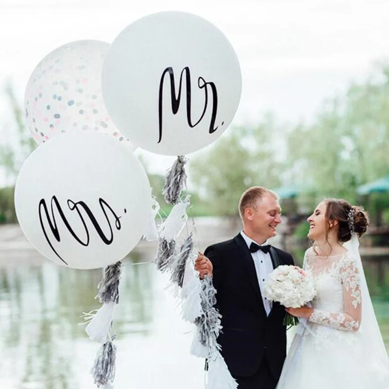 

1PCS Good Quality 36inch Round White Print Mr&Mrs Latex Balloons Happy Wedding Valentine's Day Event Air Globos Supplies