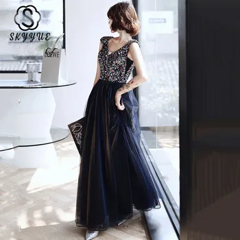 

Skyyue Navy Blue A-Line Evening Dress FR410 Sequin Top Banquet Dresses For Women V-Neck Sleeveless Formal Robe De Soiree 2020