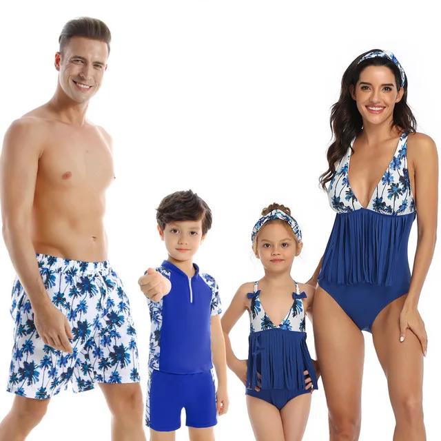

Family Matching Swimwear Mother Daughter Taseel Leaf Blue Bikini Bathing Suit Swimwear Family Matching Outfits Mom Kids Swimsuit