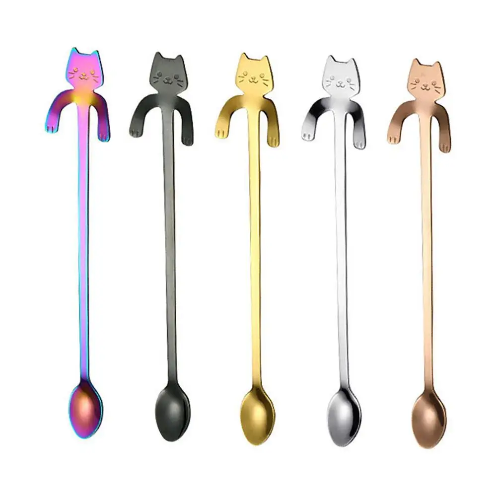 

Cartoon Cats Spoon Long Handle Spoons Flatware Coffee Stainless Steel Drinking Tools Cup Accessories Scoops Coffee Spoon