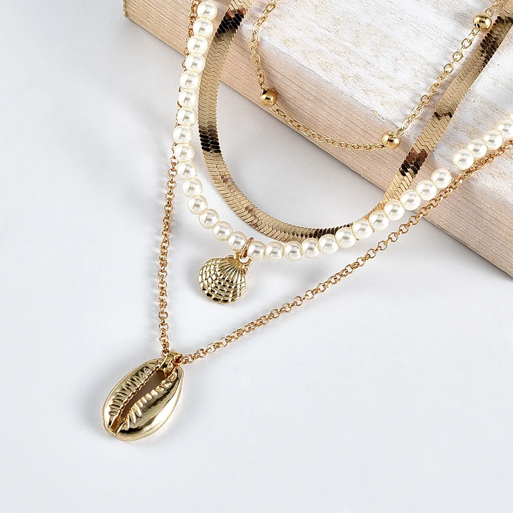 2025 Women Fashion Ladies' Bohe style pendant vintage multi-layer artificial pearl snake shell necklace, gold, gift jewelry_voghion.com