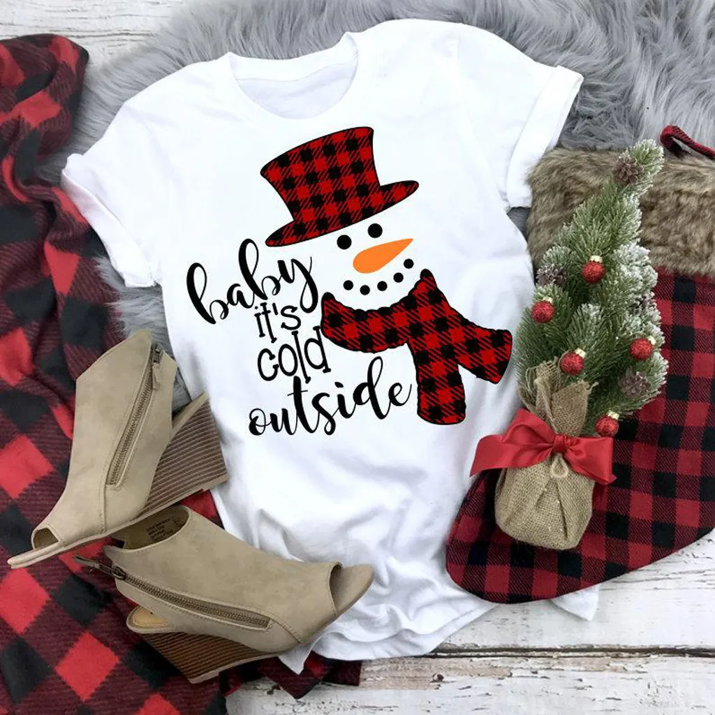 H30 футболка с Сантой и снеговиком, Женская рождественская футболка с мультяшным принтом размера плюс, футболки с коротким рукавом, Camiseta Feminina, женские футболки с рождественским принтом