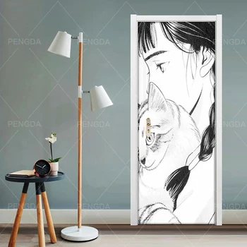 

Self Adhesive Home Decor Animation Girl Cat Poster 3D Bedroom Door Sticker Environmental Protection Print Waterproof Paper Art