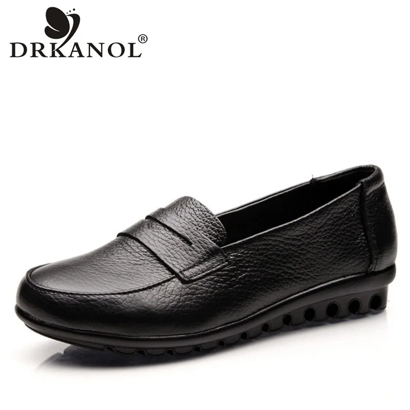 

DRKANOL Autumn Women Flat Shoes Round Toe Slip On Loafers Women Moccasins Genuine Leather Women Casual Shoes Big Size 41 42 43