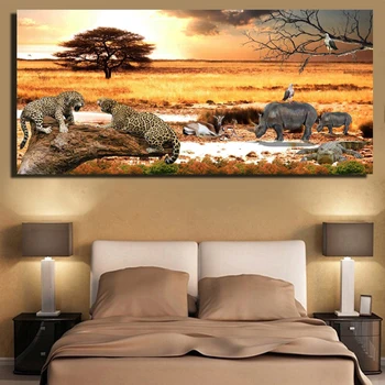 

African Grassland Sunset Landscape Cheetah And Rhinoceros diamond Painting Living Room wall Animals large Pictures YG1464