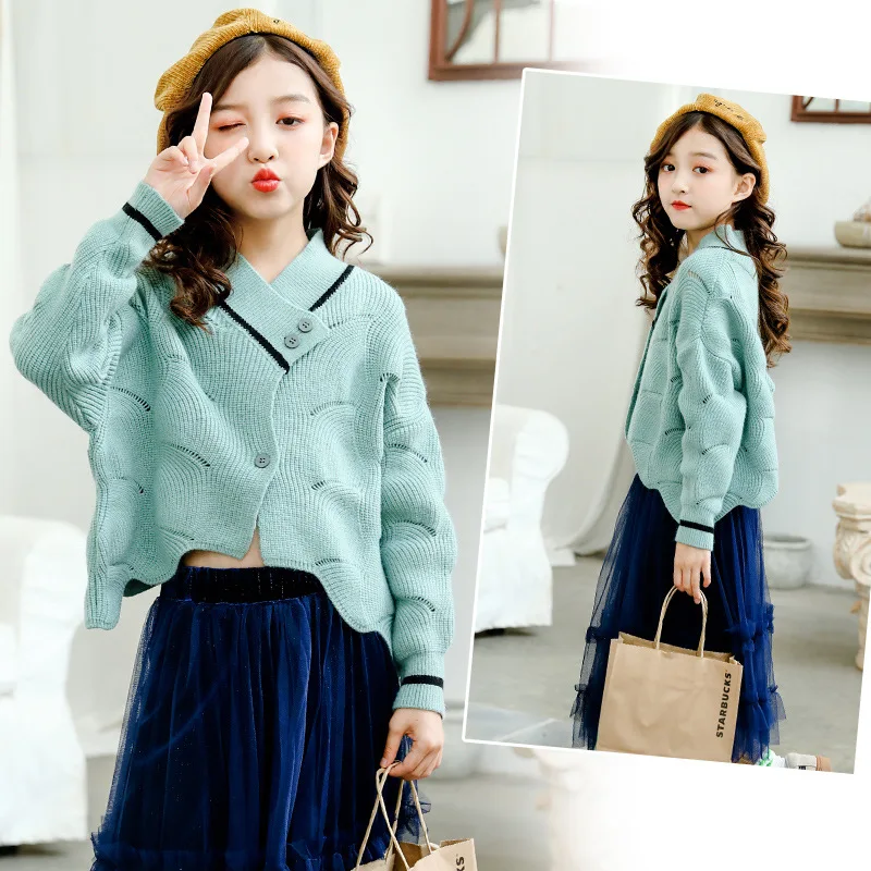 

Girls sweater set 2019 autumn and winter teenage children clothes kid fashion mesh skirt+knitted cardigan sweaters suit for girl