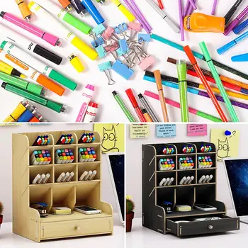 

12 Components Wooden Desk Storage Rack DIY Assembled Storage Box Stationery Cosmetic Organizer Jewelry Display Box with Drawer